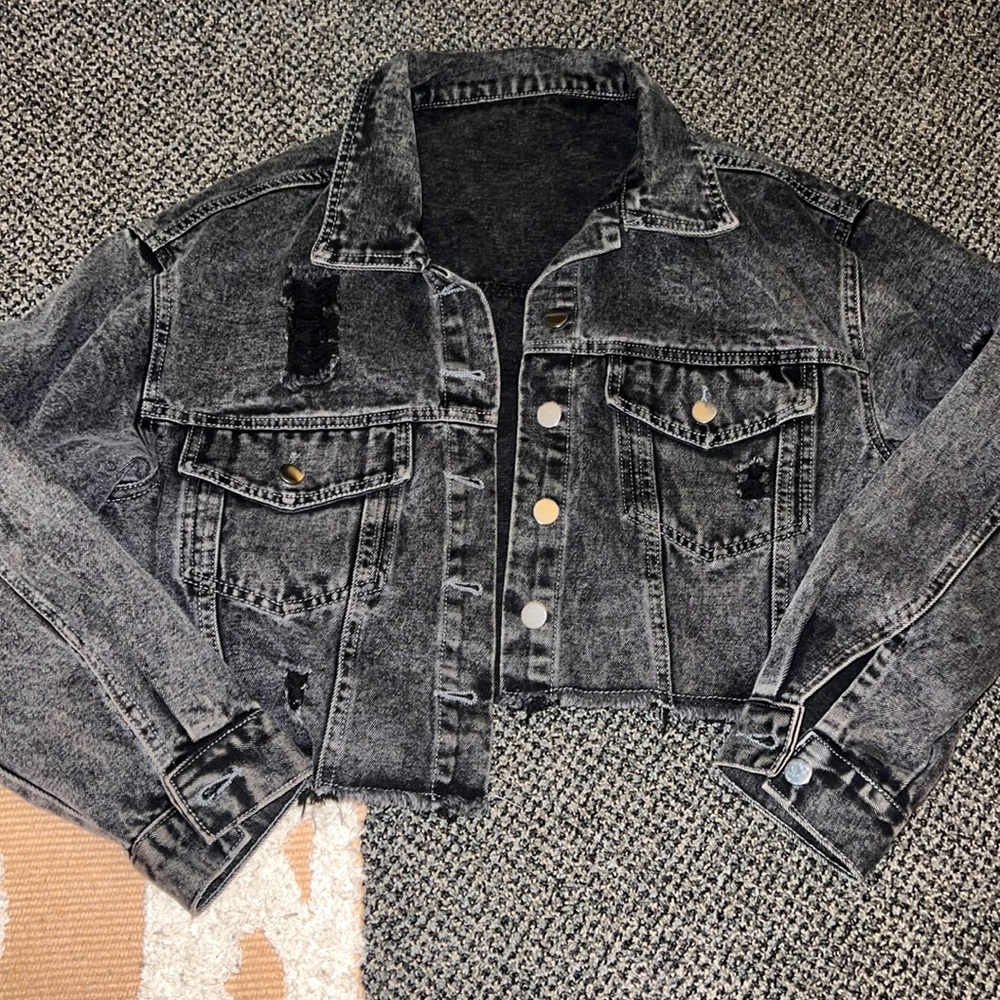 Distressed cropped black jean jacket